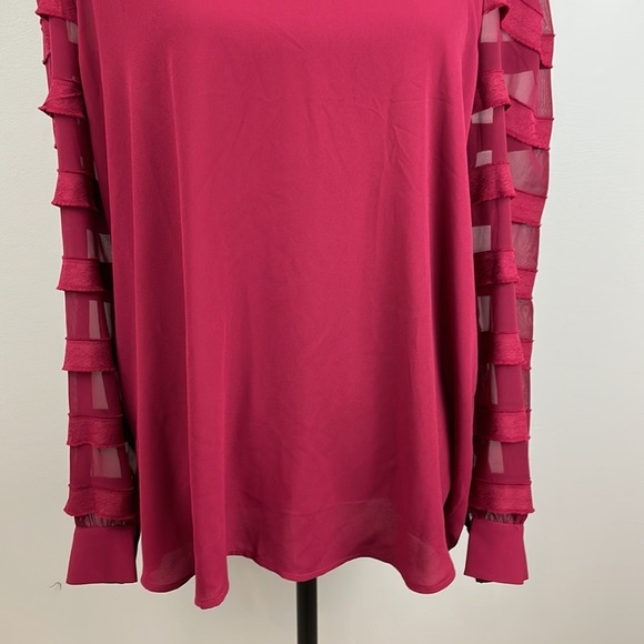 LOFT Long Sleeve Shirt SZ Large Sheer Sleeves with Striping Maroon Red Flowy - Picture 3 of 9